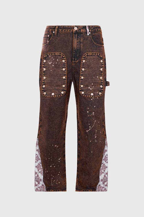 Rustic Brown Tapestry Pattern Flared Denim Jeans for wholesale on Faire