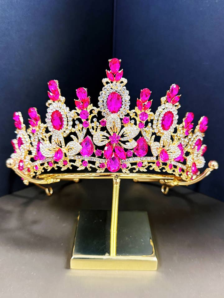 Princess Floral Tiara, Birthday Crown, Fuchsia Crystal Tiara for wholesale by Happy Dream Gifts
