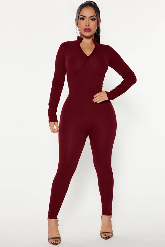 5besties inc - Wholesale Jumpsuit - Women's - Zip Up Front Mock Neck Bodycon Jumpsuits - Full Length3