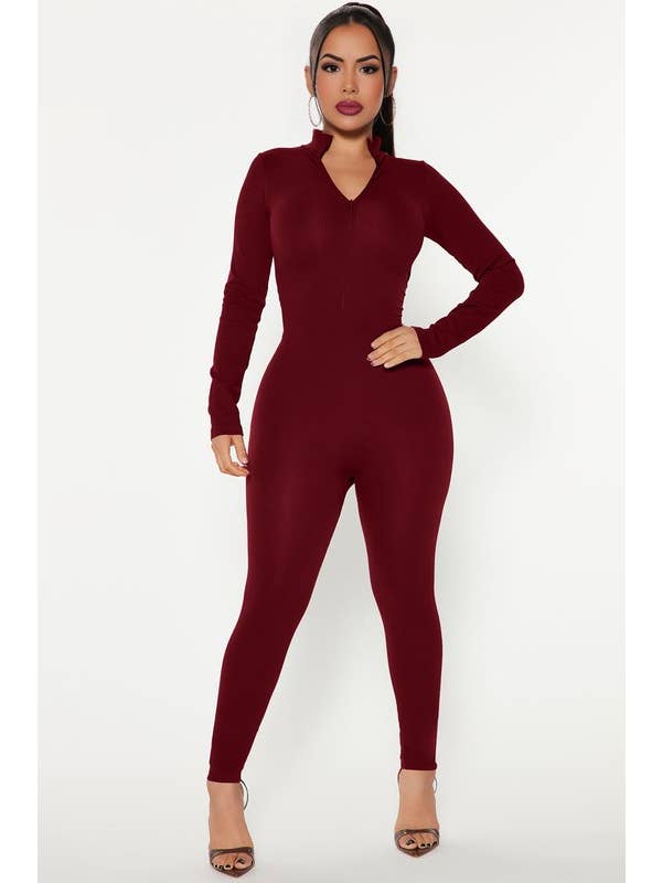 5besties inc - Wholesale Jumpsuit - Women's - Zip Up Front Mock Neck Bodycon Jumpsuits - Full Length3