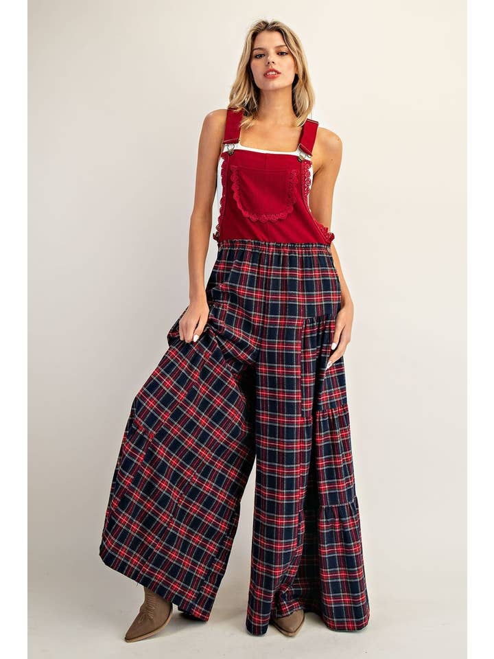 Peace Love Line - Vente Combinaison – femme - PL8626 - COMBINAISON À JAMBES LARGES AVEC DENTELLE CONTRASTANTE ET MOTIF À CARREAUX