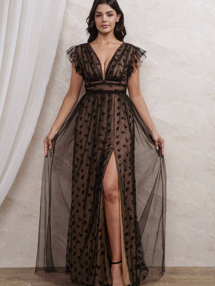 V NECK VELVET EMBROIDERED MESH MAXI  for wholesale by Rosemore Couture