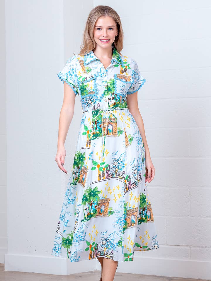 SD84262T-VESTIDO CAMISA DE MANGA CURTA COM CINTO AJUSTÁVEL por atacado de Taelynn