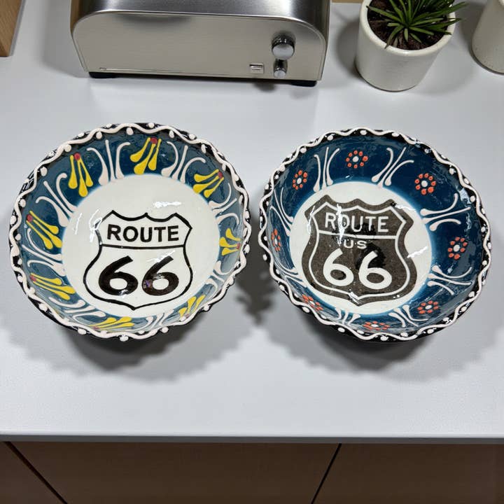 Import Corner - Wholesale Bowl - 39602-R: 3" ROUND CERAMIC EMBOSSED BOWL - ROUTE 66 - BLACK &1