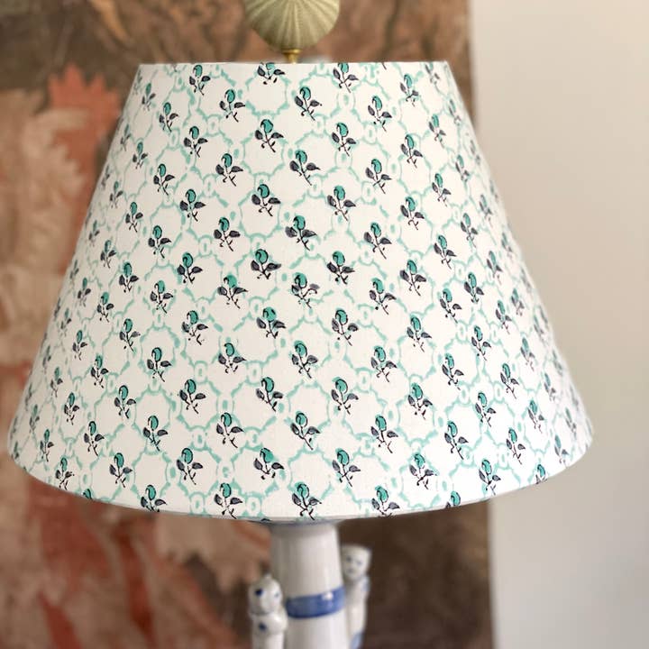 Olive and Limpet - Wholesale Lamp Shade - Small Conical Lampshade. Indian Hand Block Print. Pretty Teal Lattice and Buta Pattern.