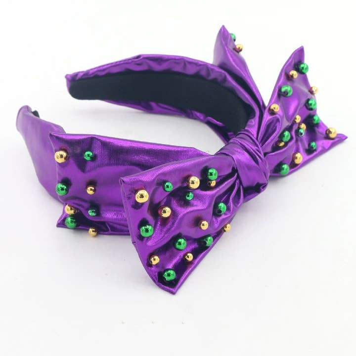 Adult Size Purple Mardi Gras Side Bow Headband with Beads for wholesale by Brianna Cannon