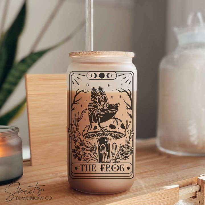 Frog Tarot Card Glass – Libbey Beer Can Cup for Nature Vibes for wholesale by Cataleya Designs Studio LLC