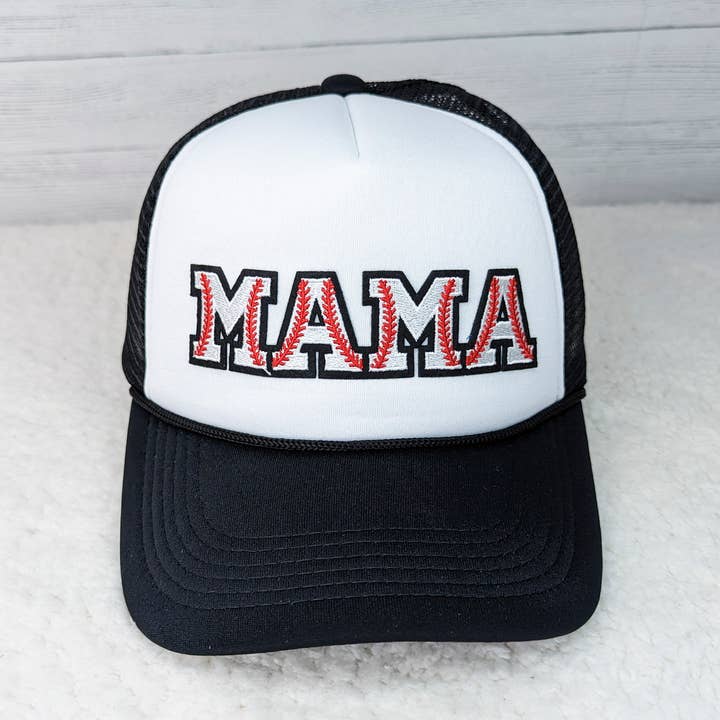 MAMA Baseball Embroidered Patch on Black Foam Trucker Hat for wholesale by Trendy Tee Co.