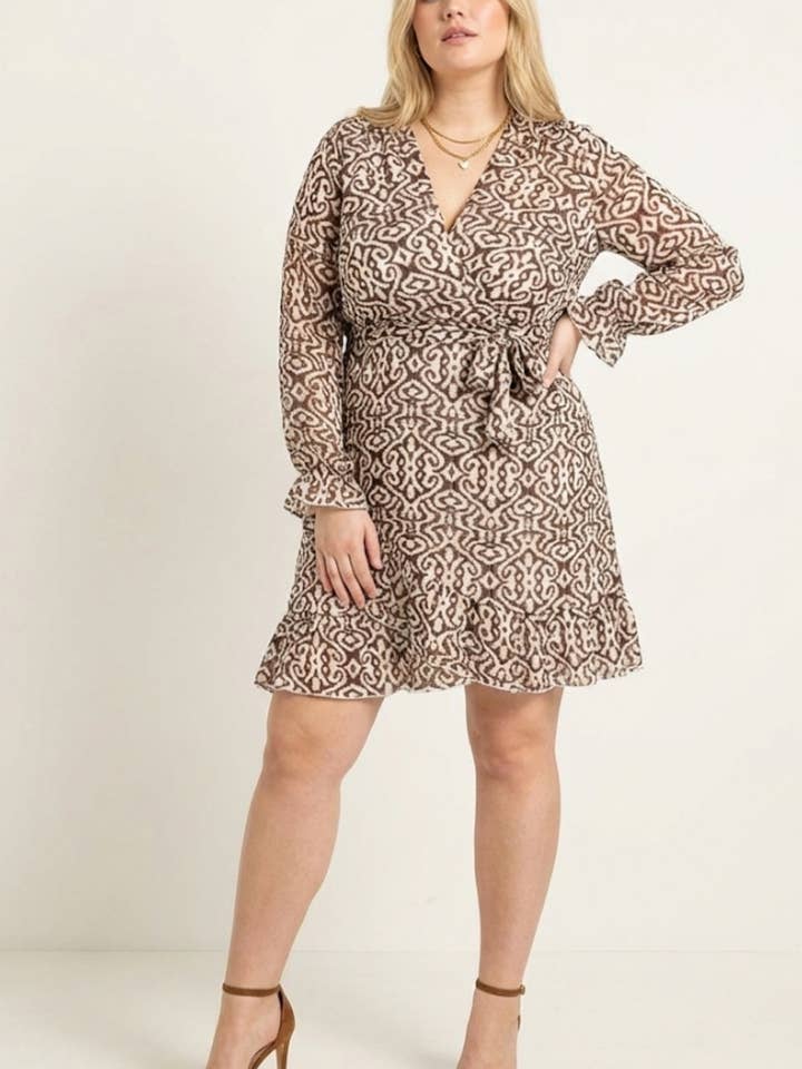 lp14328choco Short wrap dress with lily print for wholesale by Lilie Rose