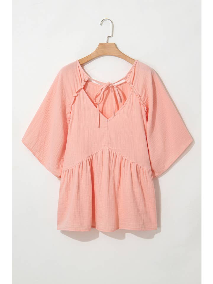 Pink Plus Size Textured Wide Short Sleeve Babydoll Blouse for wholesale on Faire
