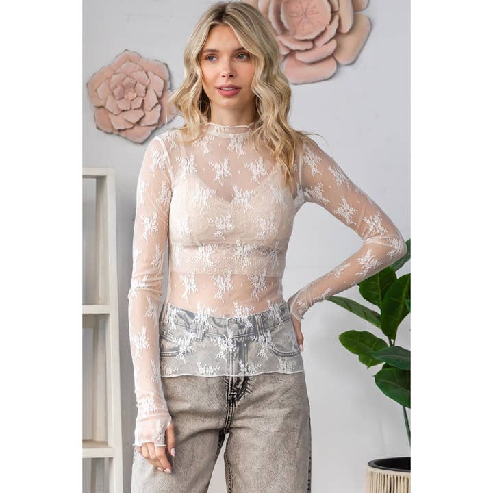 Veveret - Wholesale Blouse - Women's - Lace Long Sleeve See Through Top