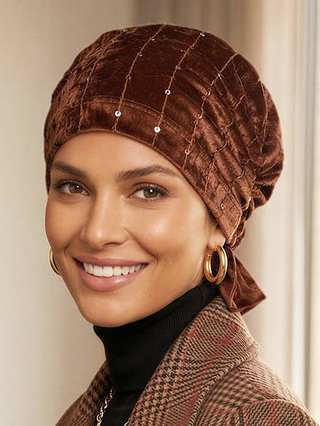 The Abbey Cap Stretch Velour Cinnamon Spice for wholesale by Turban Plus