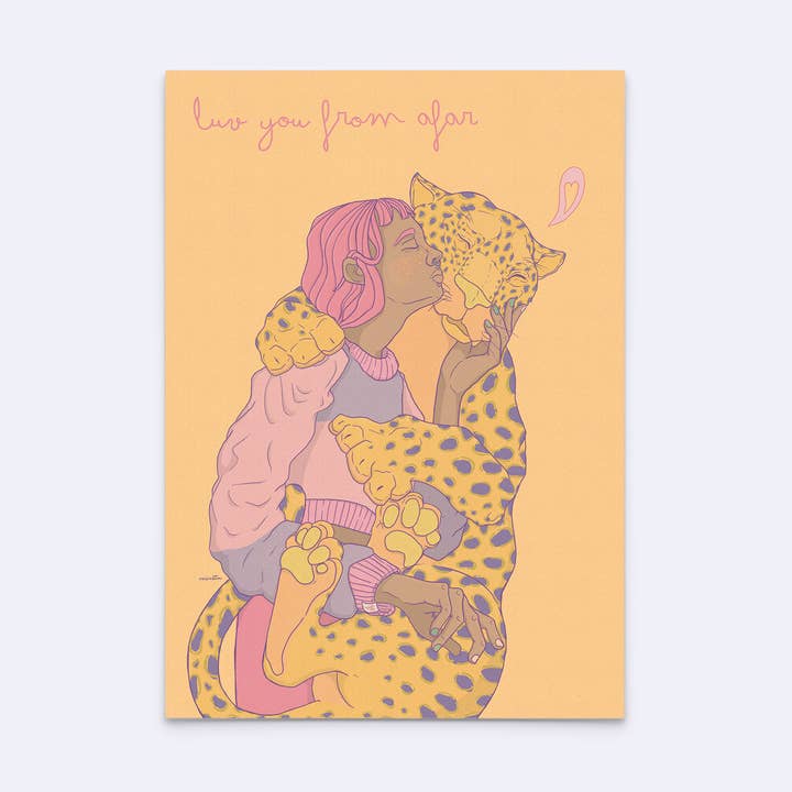 Postcard "love you from afar" yellow for wholesale by minttu illustrations