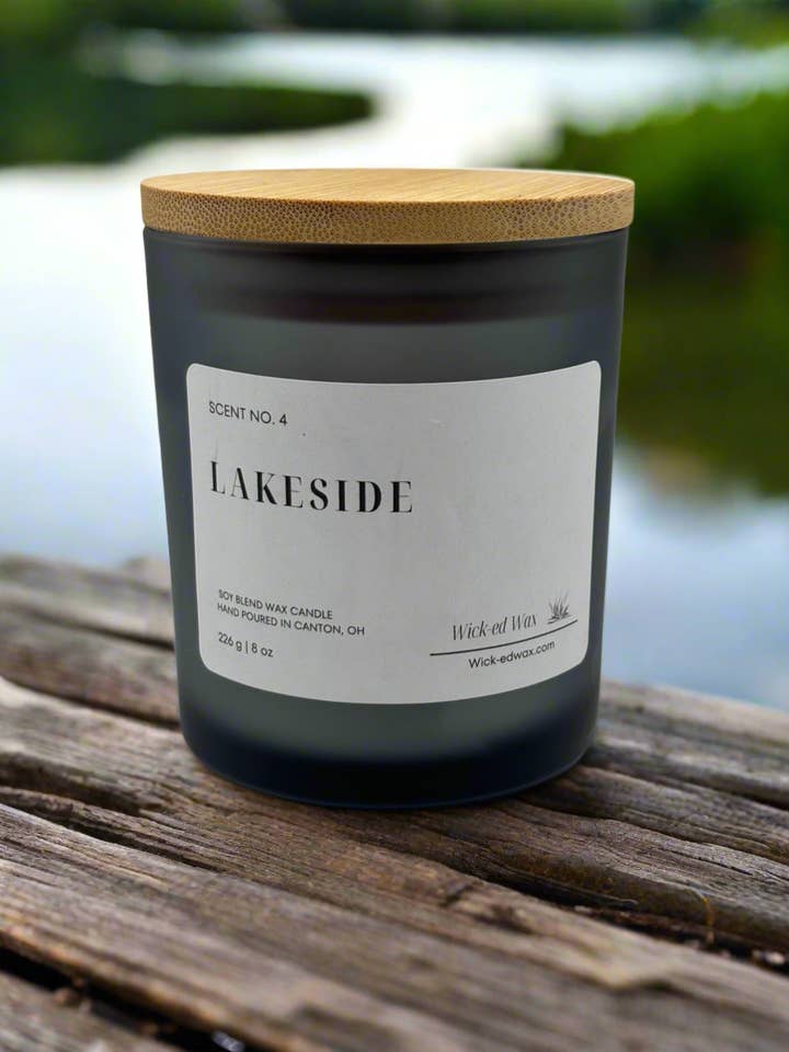Lakeside- Cedarwood Lake Mist Scented 8oz Candle for wholesale by Wick-ed Wax Candles