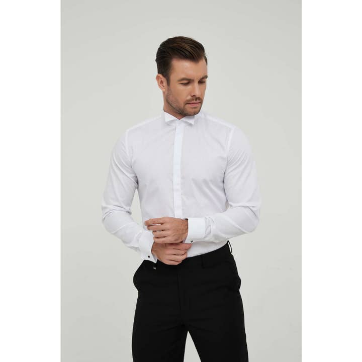 Slim fit wing collar white shirt with cuffs for wholesale by Yves Enzo
