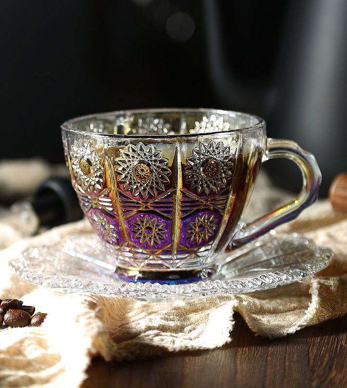 Our Dining Table - Wholesale Coffee/Tea Cup - Vintage Style Glass Cappuccino Cup with Saucer Set4