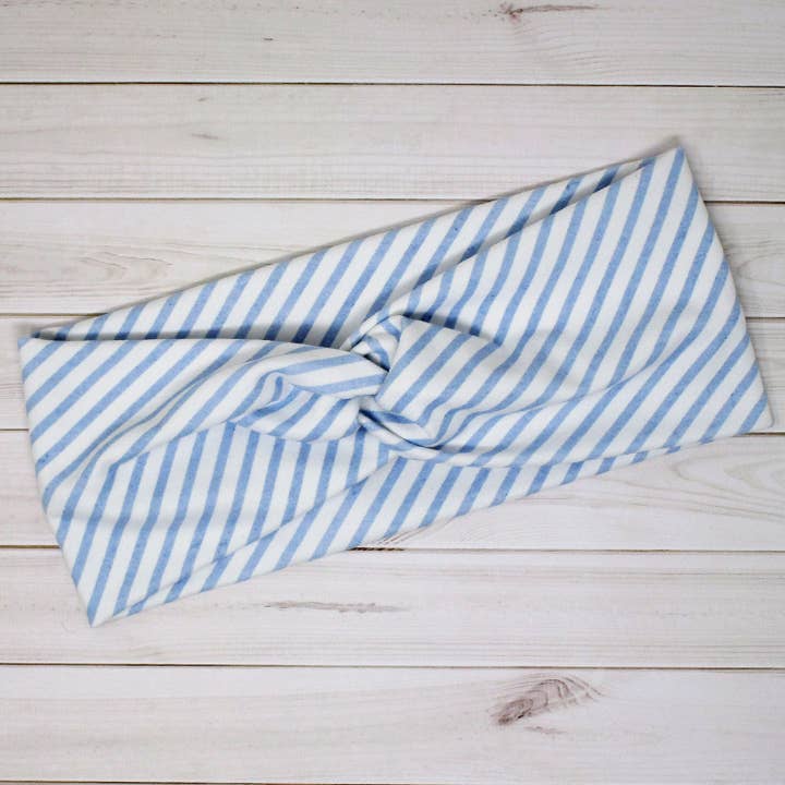 Stripe Powder Blue Vintage Diagonal Print Twist Headband for wholesale by Treasured Haven