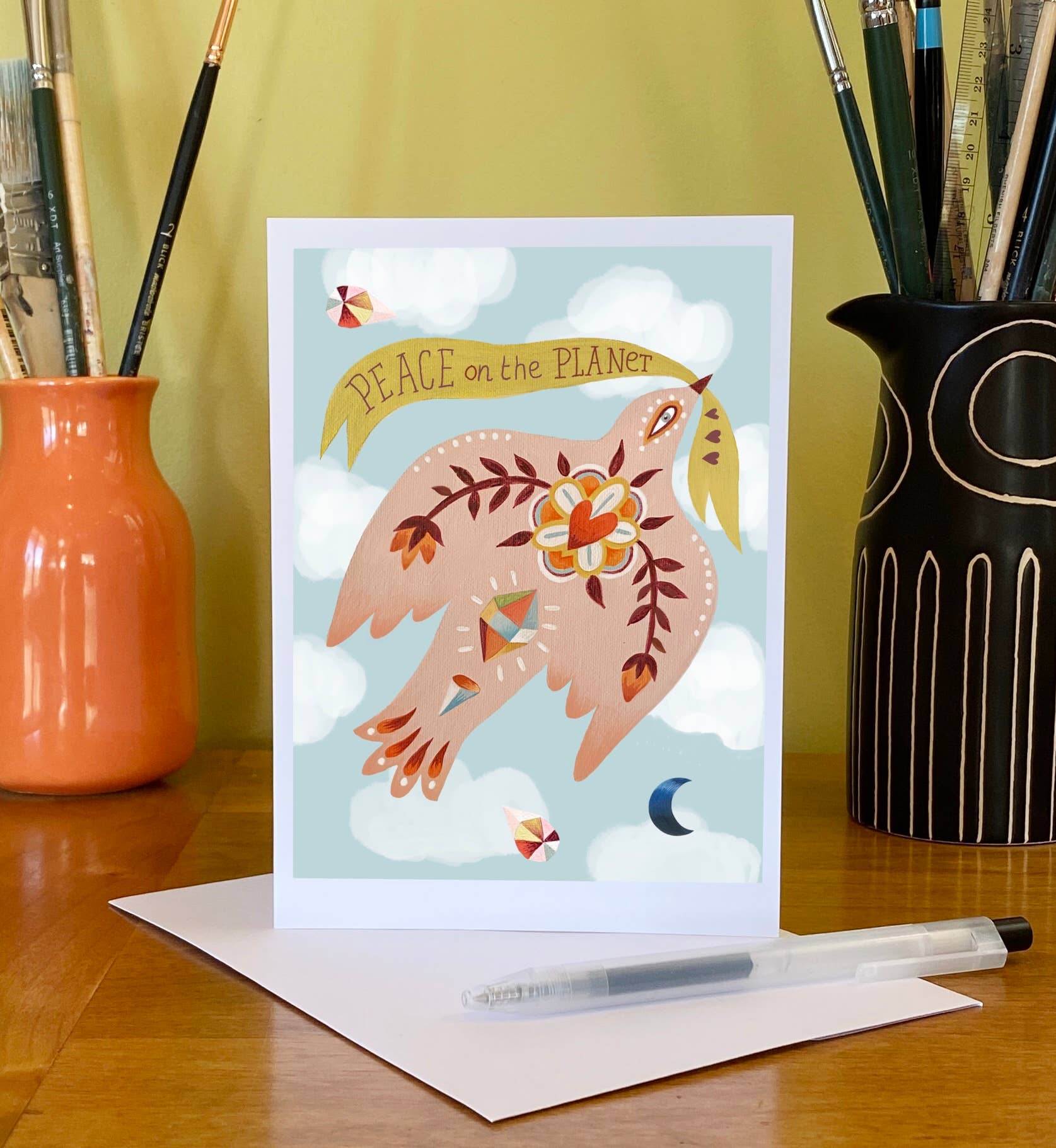 Isabelle Bryer Art - Vente Carte de vœux classique - Paix sur la Planète – Carte de Vœux Colombe Fantaisiste A72