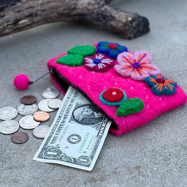 Lungta Imports - Wholesale Coin Purse - Women's - Felted Floral Coin Purse, Kids Pouch, Makeup Pouch17