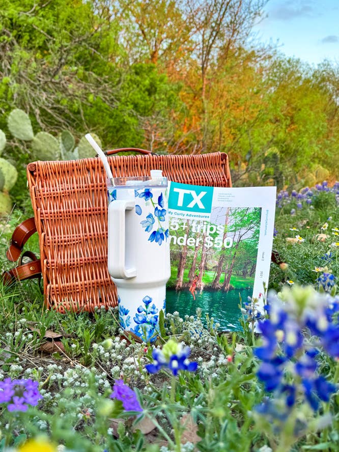 Texas Bluebonnet 40oz Tumbler + Free Texas Travel Guide for wholesale by My Curly Adventures