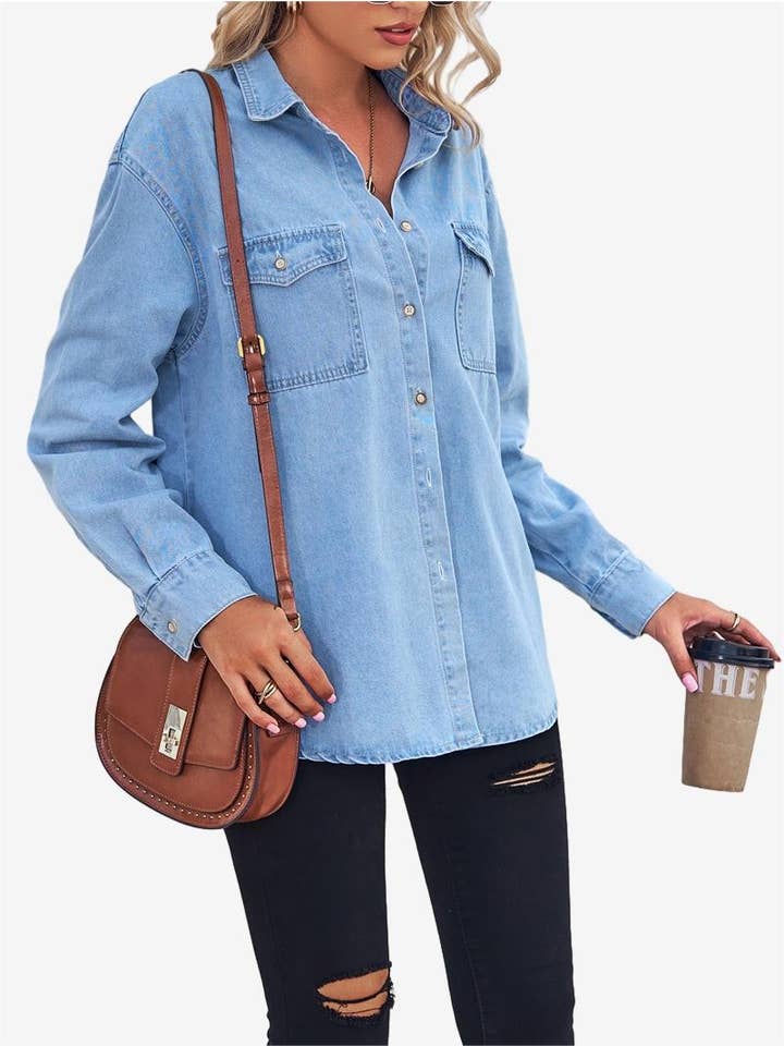 Light Blue Long Sleeve Button Down Denim Shirt for wholesale on Faire6