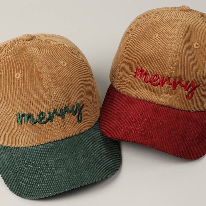 Merry Text Embroidery Two-Tone Corduroy Hat for wholesale by Fashion City