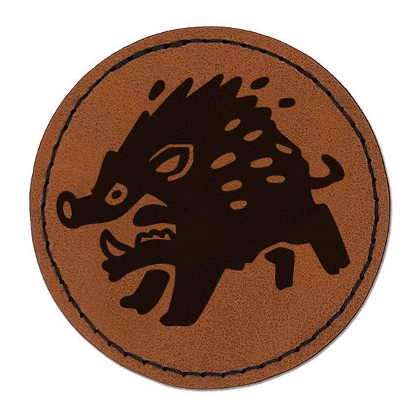 Angry Charging Cartoon Boar Pig Hog Peccary Round Iron-On Engraved Faux Leather Patch Applique - 2.5 Inch for wholesale by Sniggle Sloth