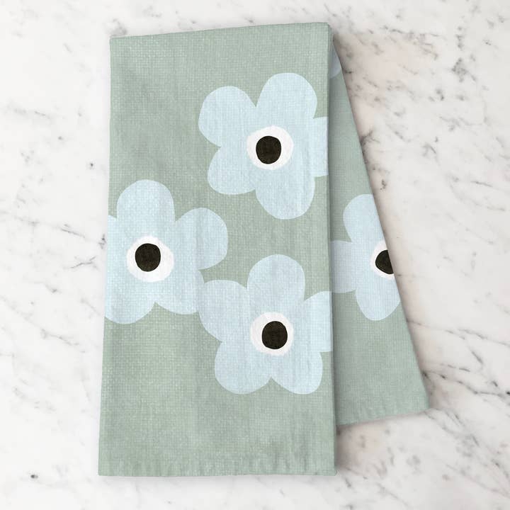 Coastal Floral Cotton Tea Towel – Ocean Blue & Sage Green for wholesale by Susan Case Designs