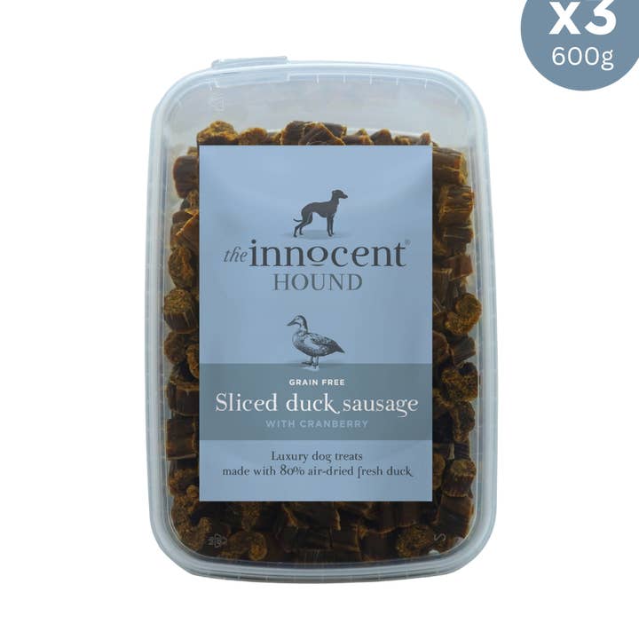 Sliced Duck Sausages with Cranberry 600g for wholesale by The Innocent Hound