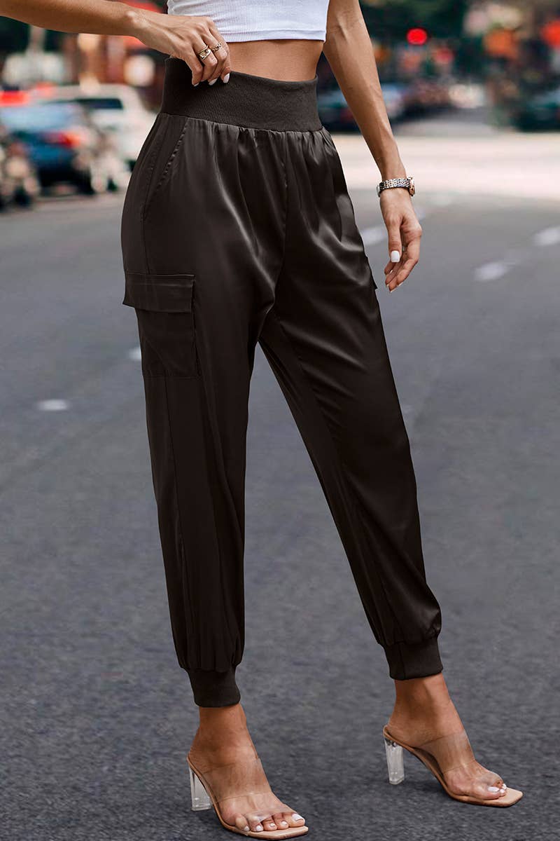 Elings - Wholesale Pants - Women's - High Waist Long Pant Trousers With Pocket Satin Jogger Pants0