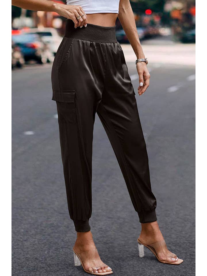 Elings - Wholesale Pants - Women's - High Waist Long Pant Trousers With Pocket Satin Jogger Pants