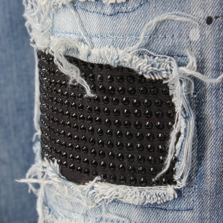 Indigo PAINT SPLATTER RHINESTONE DENIM JEANS for wholesale on Faire