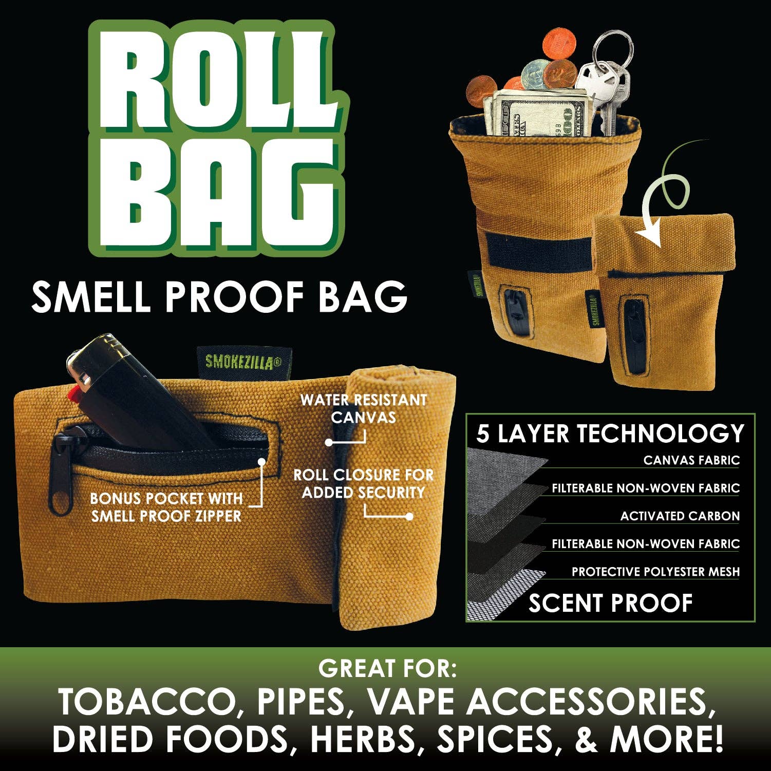Novelty Brands - Wholesale Retailer Display - Home & Living - Smokezilla Canvas Smell Proof Roll Bag - 6/Display1
