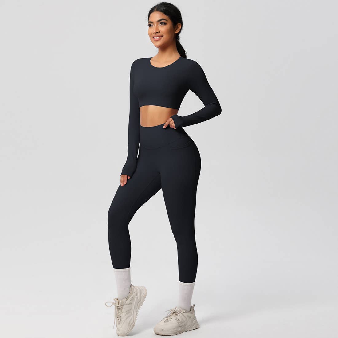 Sodalemon - Wholesale Activewear Set - Women's - Women High-Waist Yoga Set:Cropped Long Sleeve Top + Leggings3