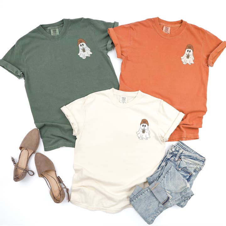 Little Ghost Coffee Tee – Cozy Fall Graphic T-Shirt for wholesale by Homeward Threads
