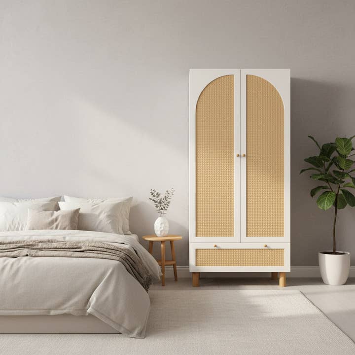 Urban Meuble - Wholesale Cabinet - Country-style wardrobe with 2 doors and rattan drawer, hanging rail, and adjustable shelves SCALE2