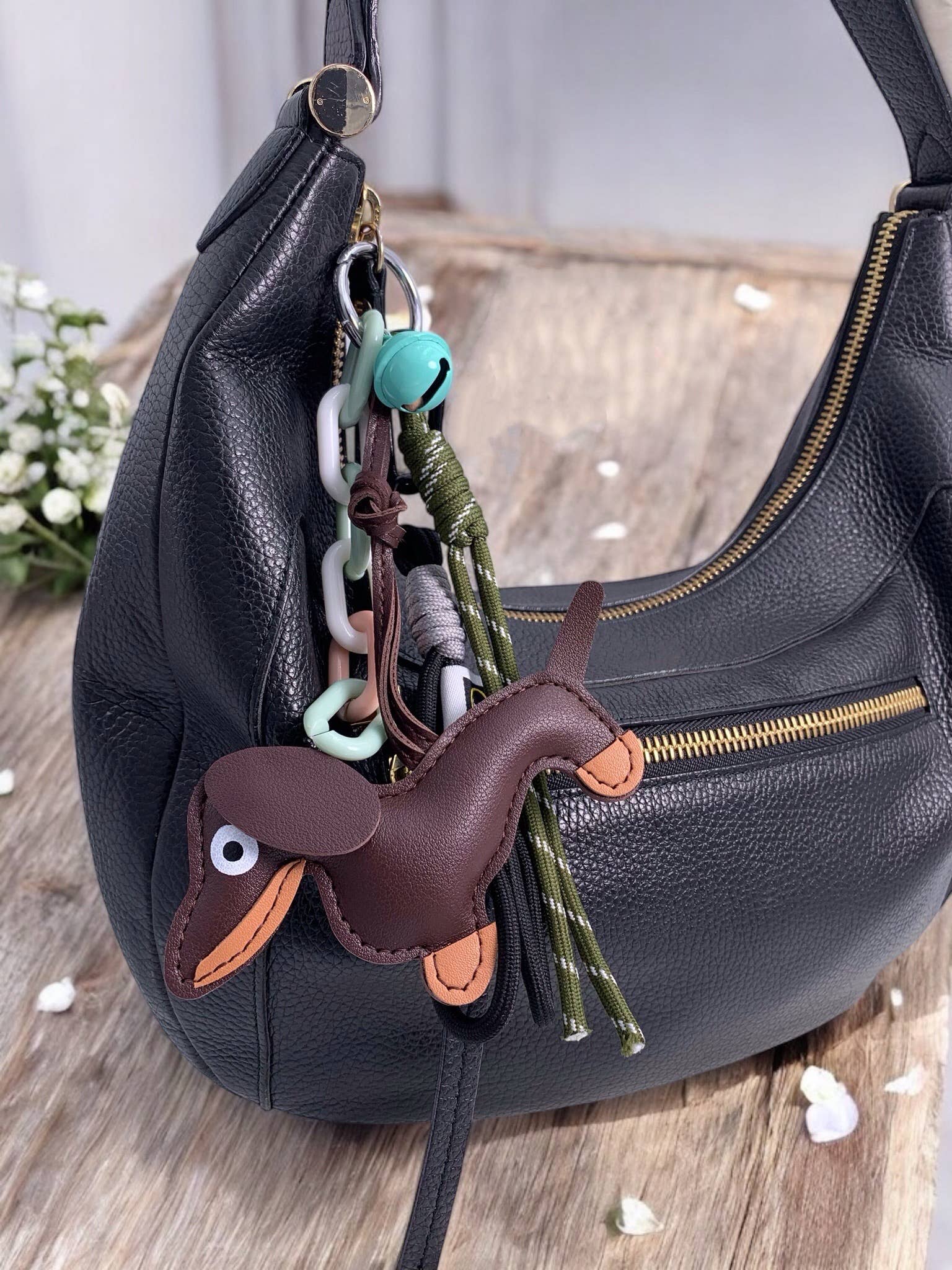 Brown Bag charm and keychain Dog and bell PC15 for wholesale on Faire1