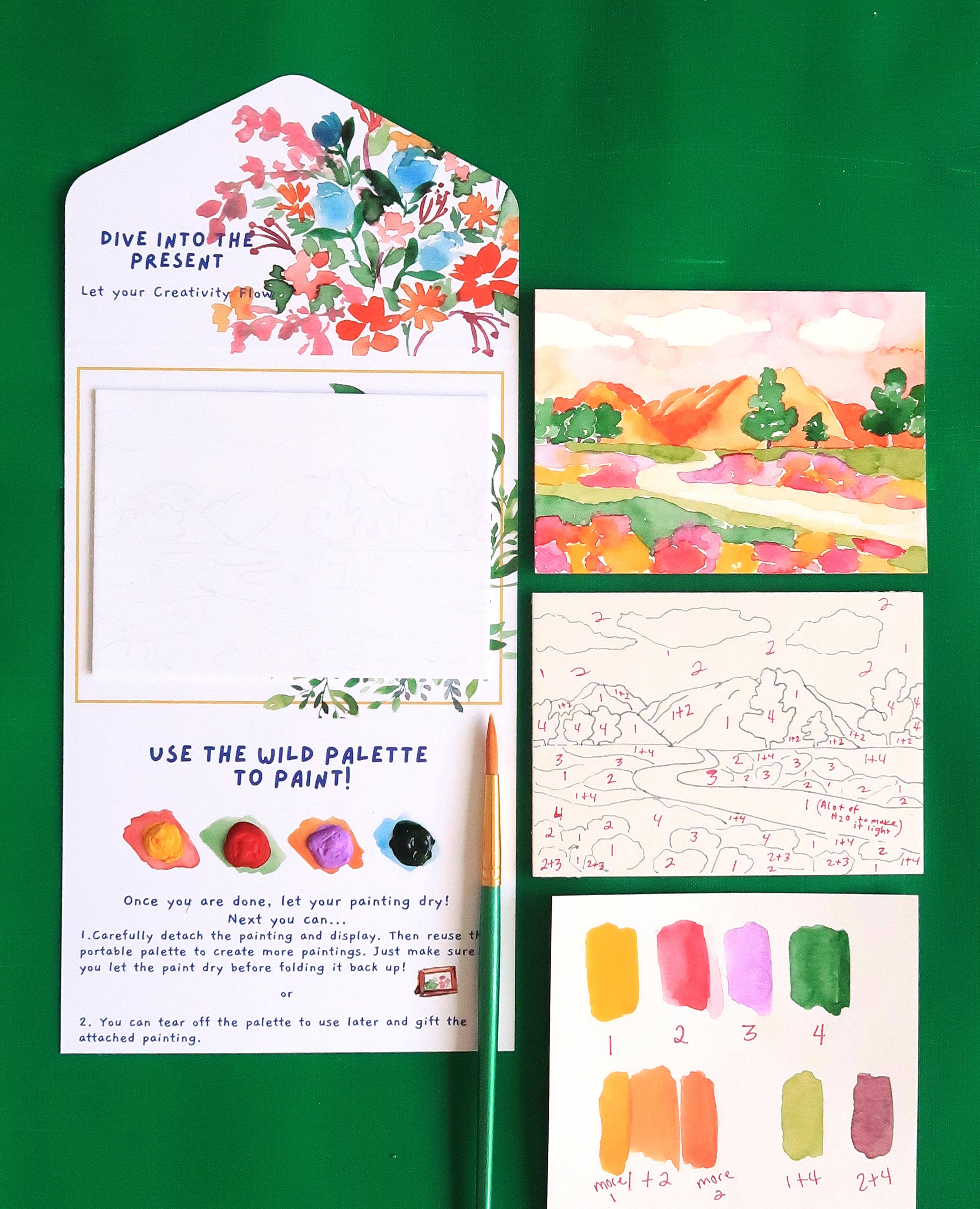 Pink Puddle Studio - Wholesale DIY Craft Kit - Mountain & Flowers Landscape Watercolor Paint by Number Kit2