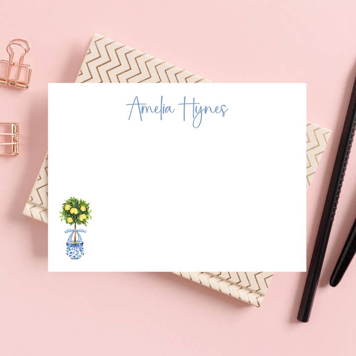 Blue Ribbon Lemon Topiary A6 Custom Stationery Card Set for wholesale by Design Carolinas