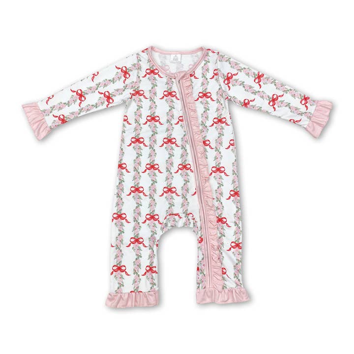 Yawoo Garments - Wholesale Jumpsuit - Baby - Long sleeves pink bow baby girls bamboo zipper romper