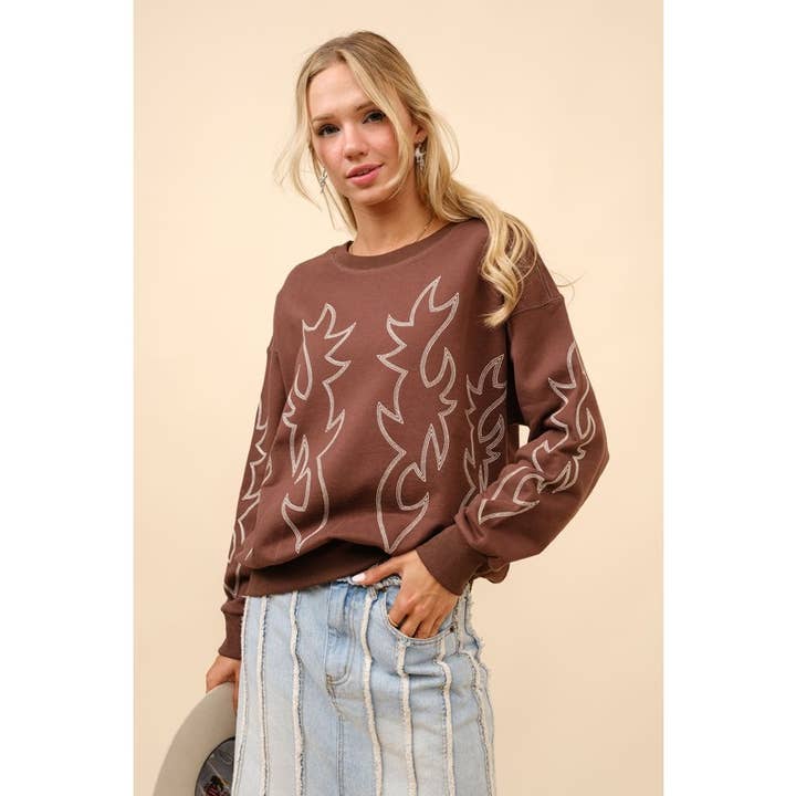 BNS - Wholesale Graphic Sweatshirt - Women's - Western Boots Stitch Long Sleeve Sweatshirt Top15