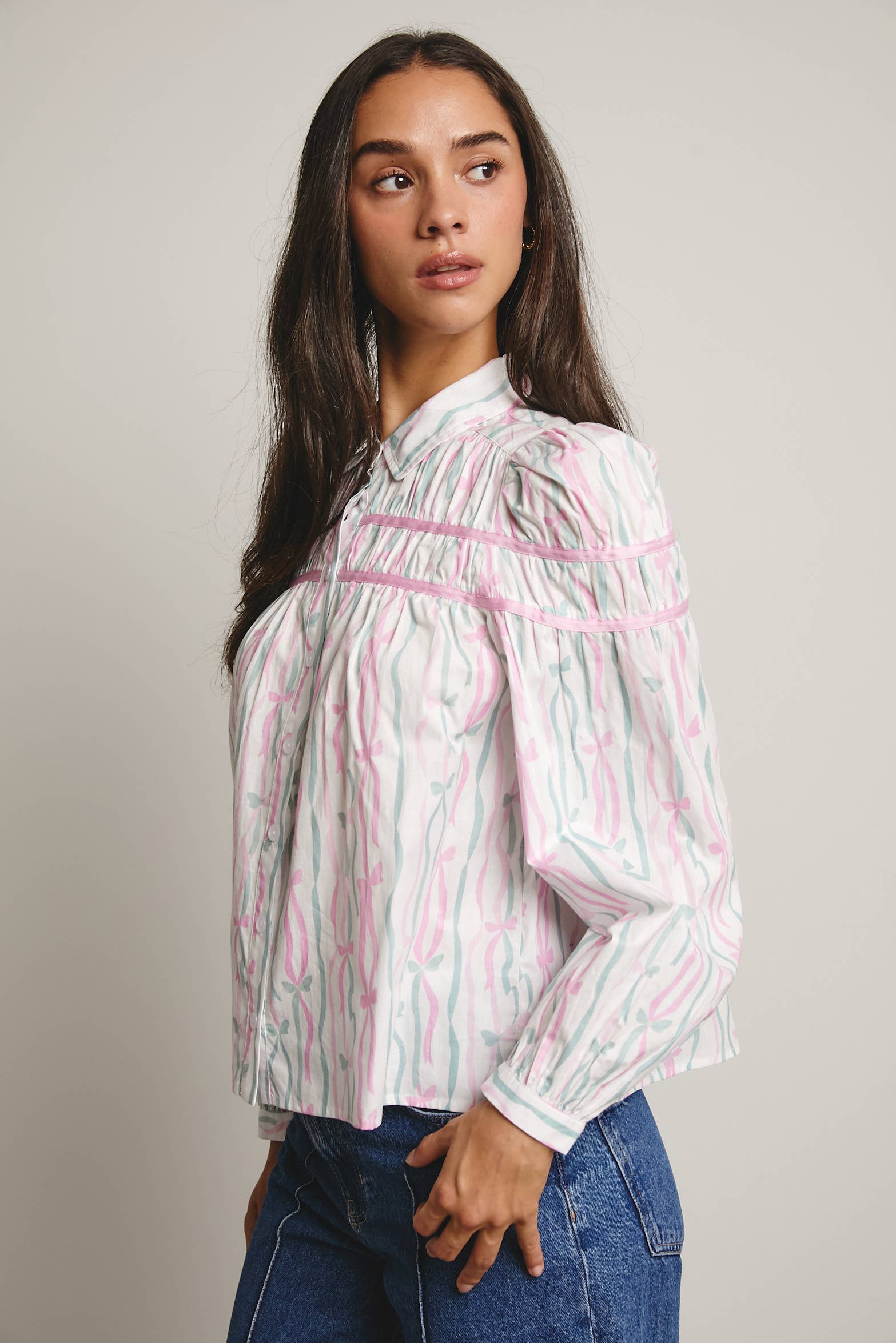 Forte – wholesale Blouse – Women’s – Ribbon Stripe Puff Sleeve Blouse FT000515