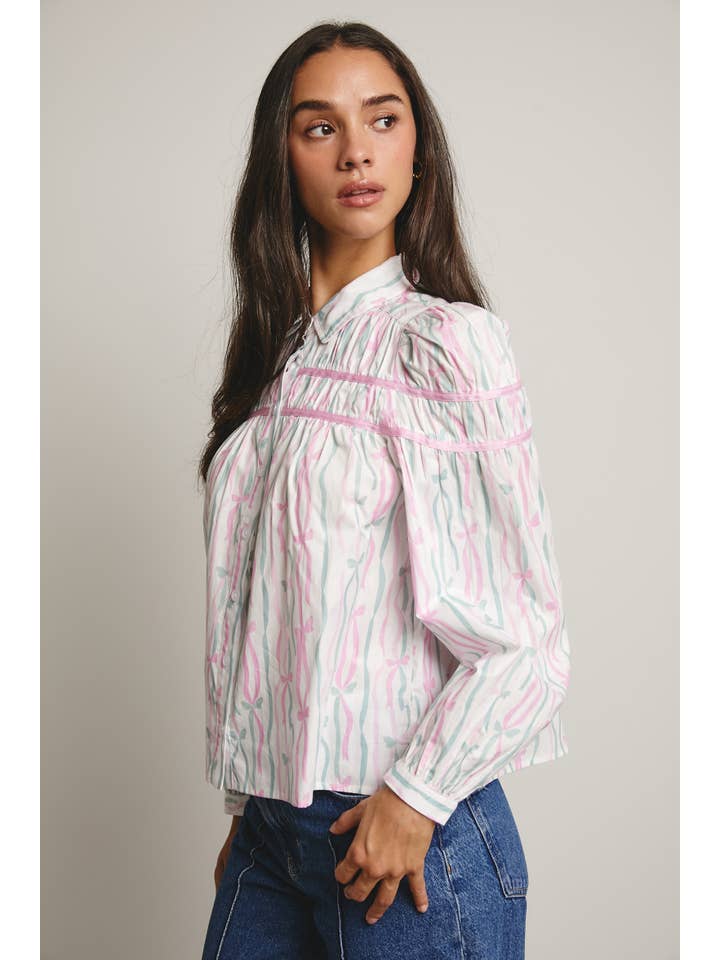 Forte – wholesale Blouse – Women’s – Ribbon Stripe Puff Sleeve Blouse FT000515