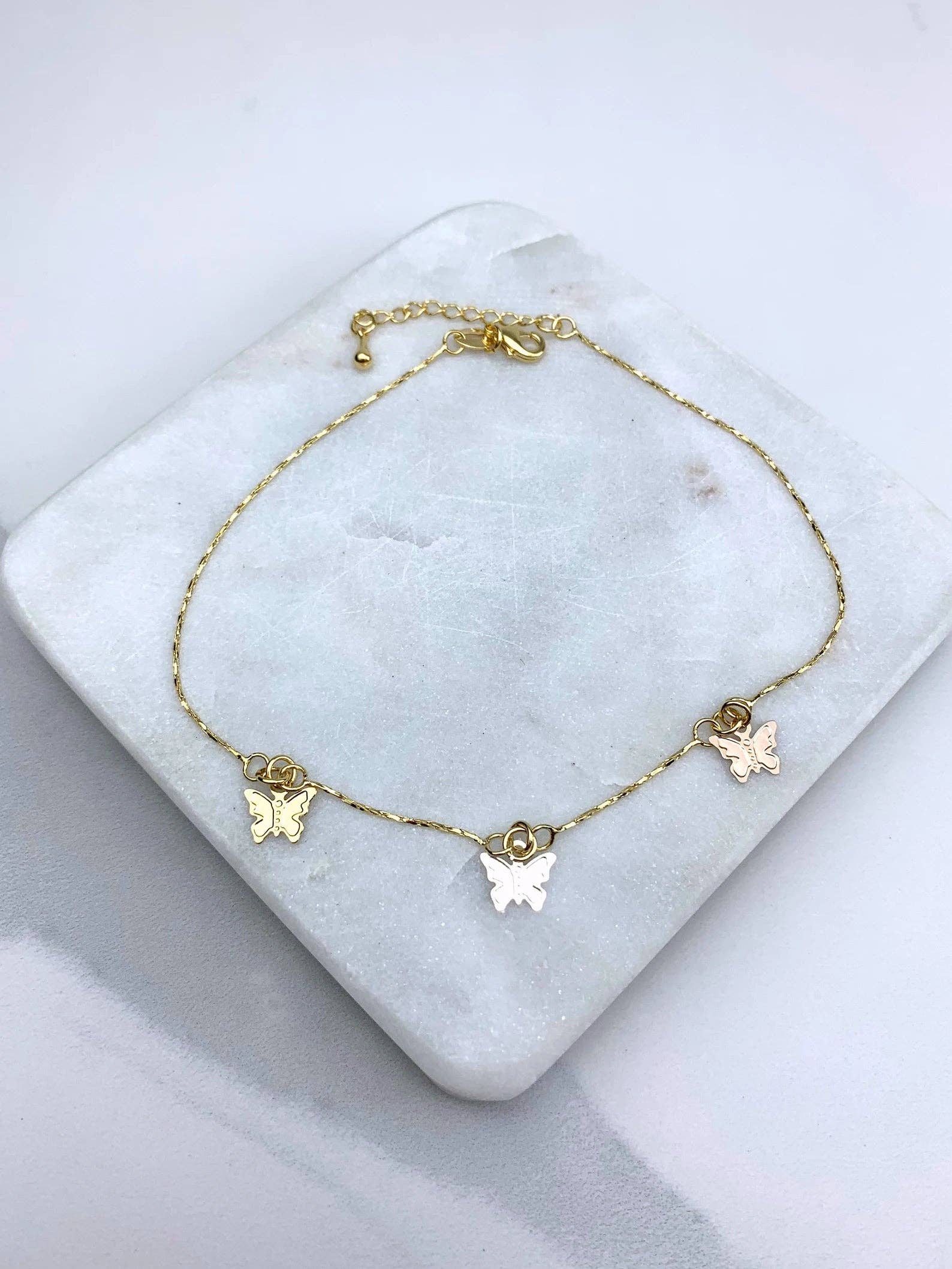 Luxus Accessories - Wholesale Anklet - 18k Gold Filled Three Color Silver Butterfly Anklets