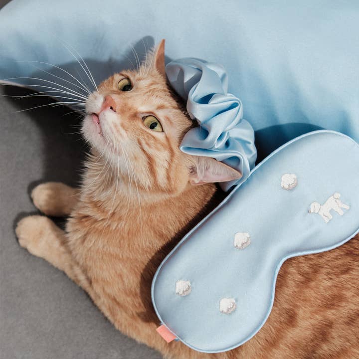 Blue "Pan Pan" 3 Piece Silk Gift Set - Silk Pillowcase & Silk Sleep Eye Mask & Silk Scrunchie for wholesale on Faire2