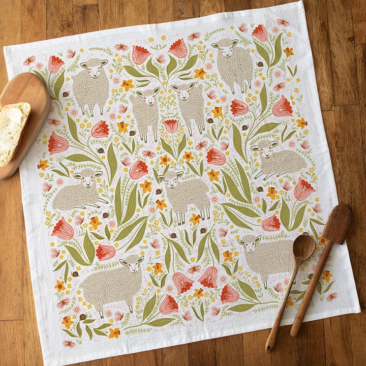 Viskestykke med forårs-får - forårsblomstret køkkendekoration for engroshandel hos Gingiber