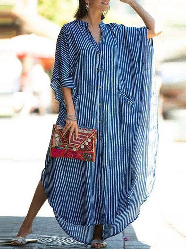 Sheer Trend - Wholesale Dress - Women's - Batwing Sleeves Half Sleeves Buttoned Pockets Striped Round-Neck Beach Cover-Up Maxi Dresses18