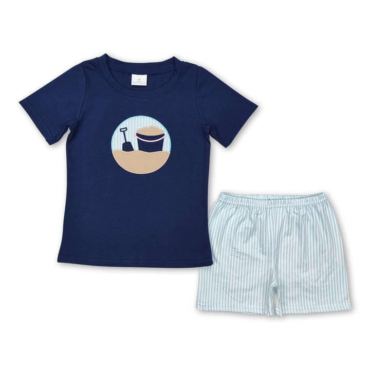 Short sleeves navy sand top stripe shorts boys clothes for wholesale by Yawoo Garments