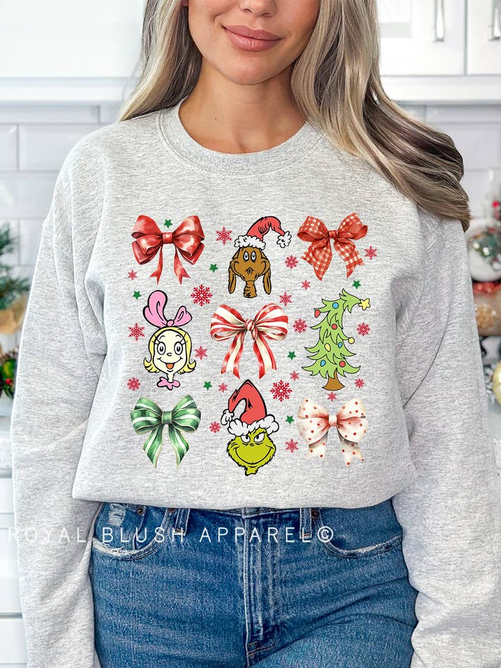 Fiocchi originali Grinch Bows, trasferimento a colori per la vendita all'ingrosso da parte di RBA Transfers