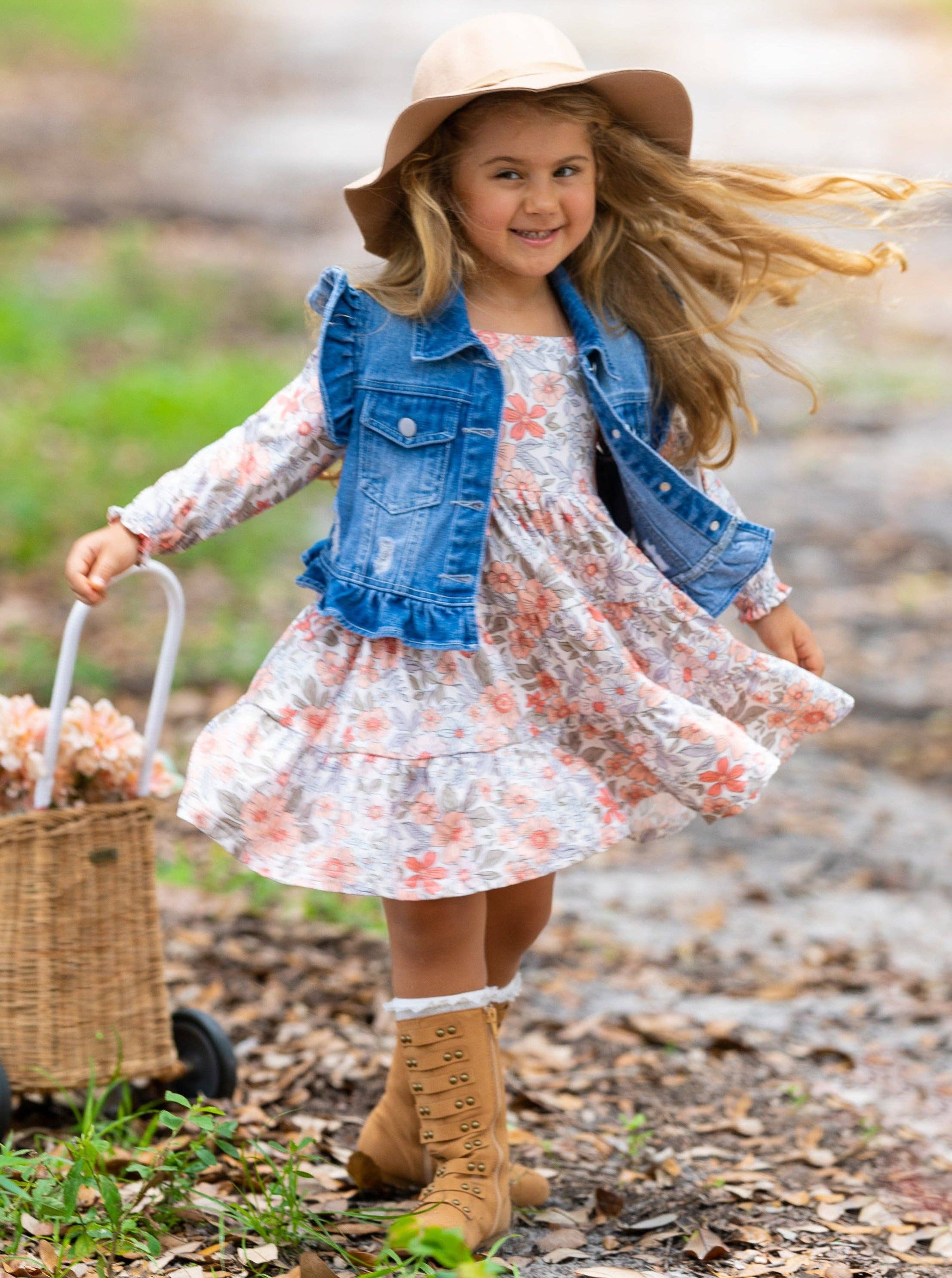 Multicolor Long Sleeve Floral Dress w/ Ruffle Denim Vest & Set for wholesale on Faire7